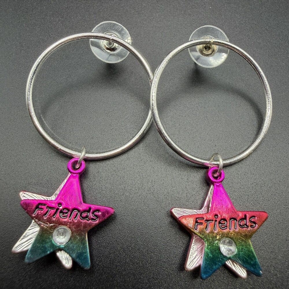 Y2K Friends Rainbow Star Hoop Charm Earrings Silver Tone Rhinestone Dangle Retro